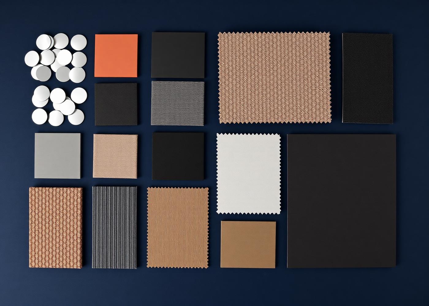CMF material sample library laid out on a navy surface