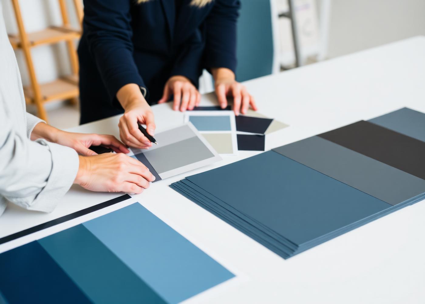 Designers reviewing colour and finish swatches in the studio